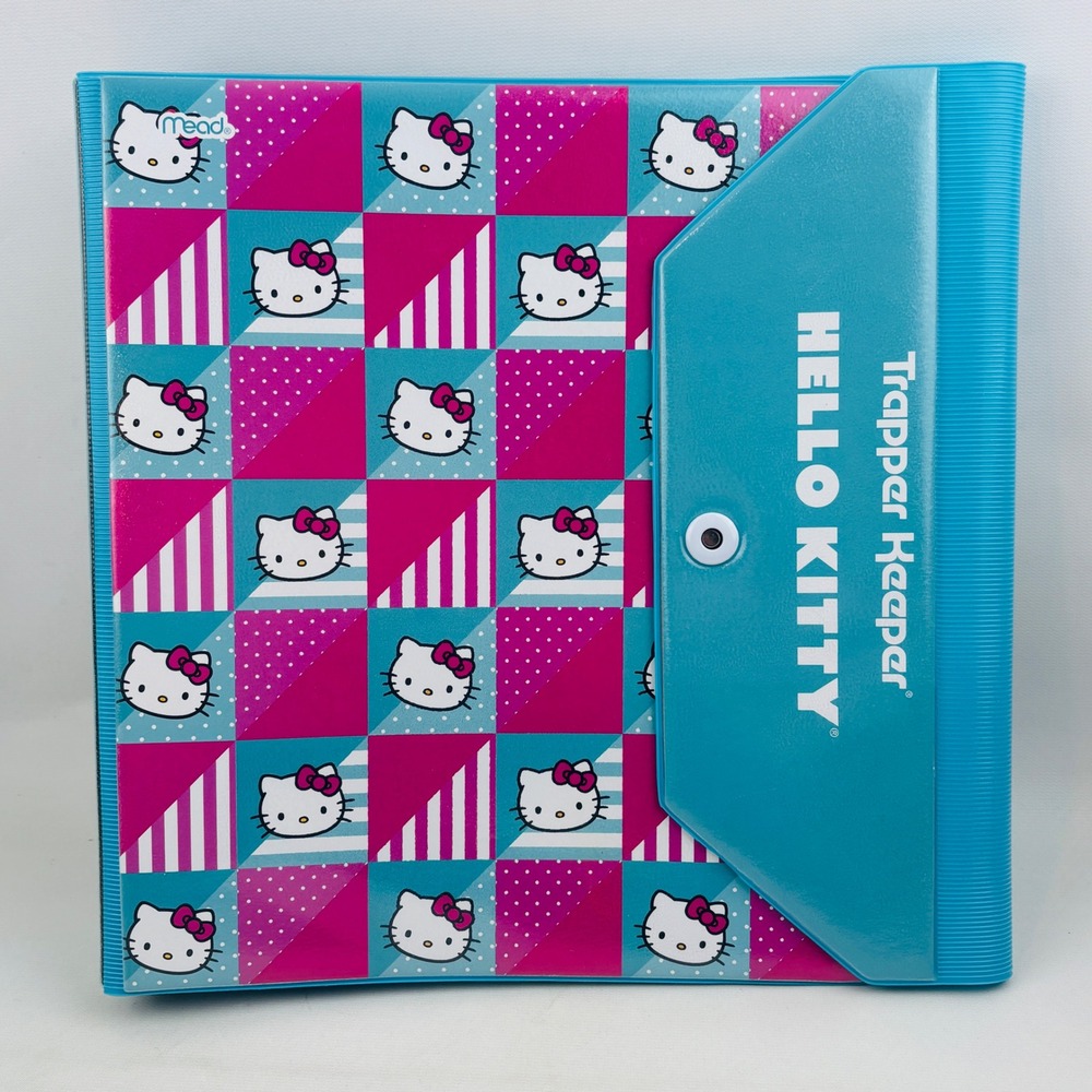 Mead Hello Kitty Trapper Keeper 3 Ring Binder Blue Pink Grid 2014 Sanrio